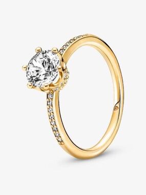 Sterling Silver Pandora Clear Sparkling Crown Solitaire Gold Ring